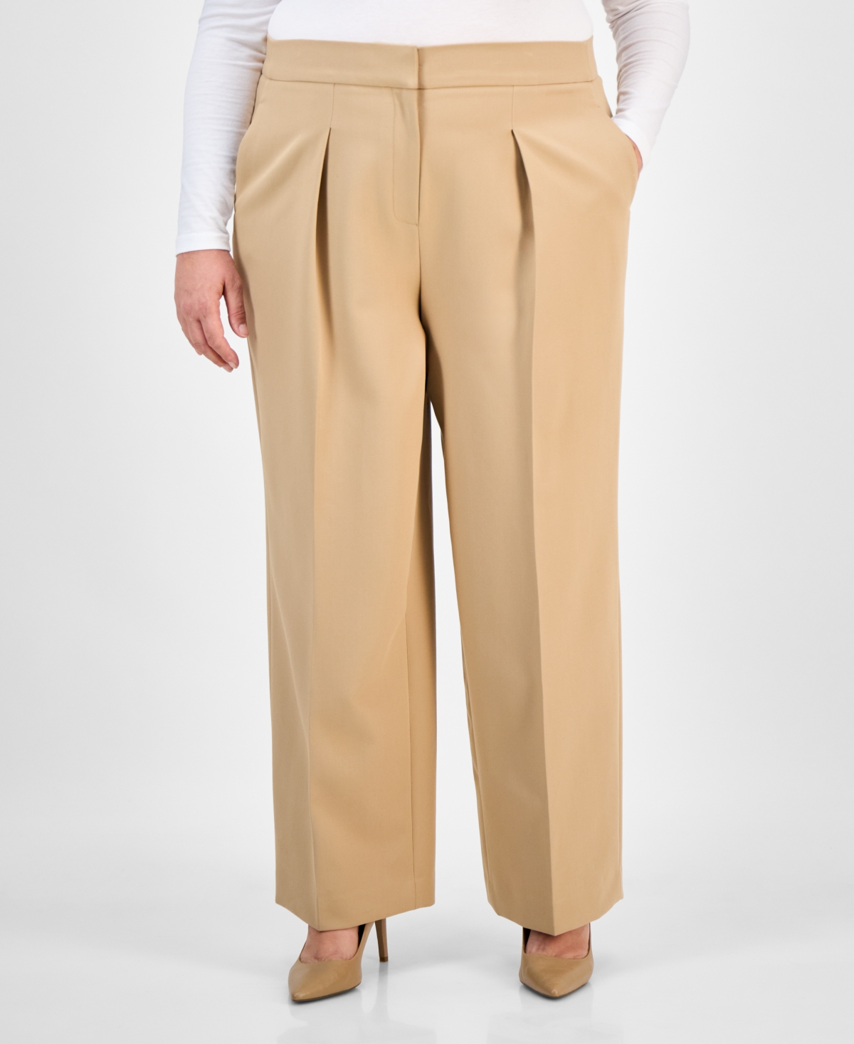 Anne Klein Plus Size Twill High-rise Pleated Wide-leg Pants In Brown