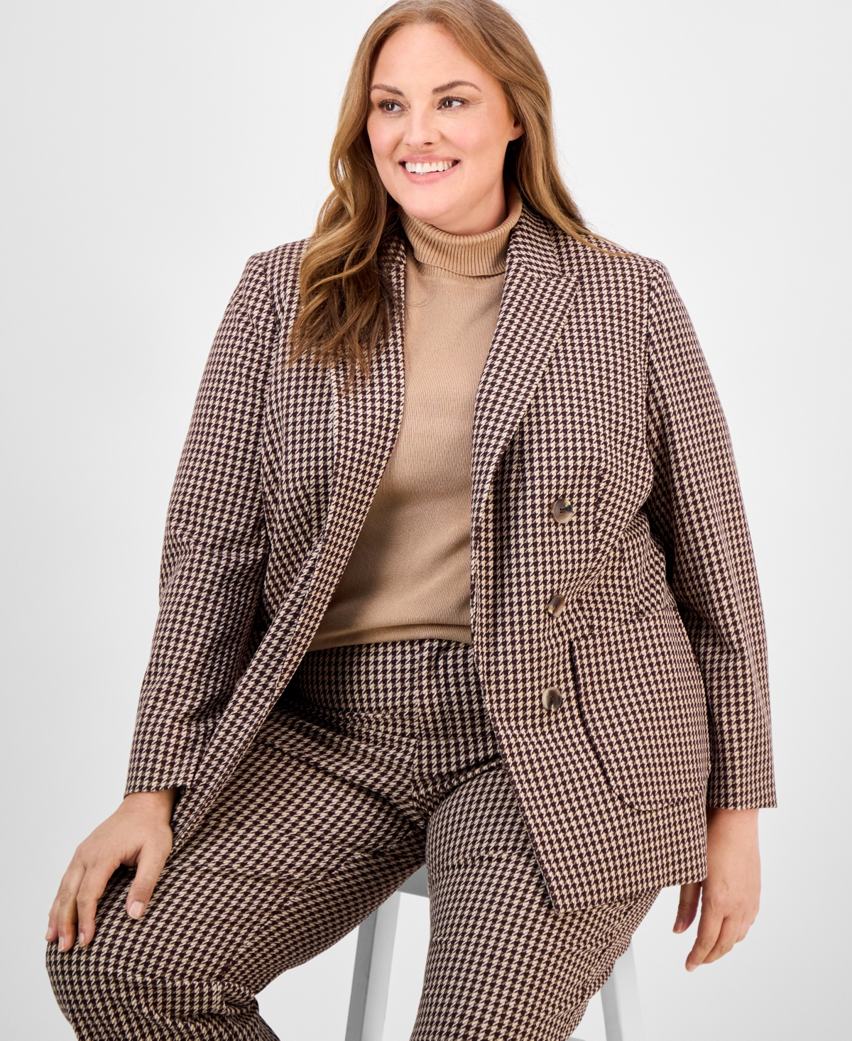 Anne Klein Plus Size Houndstooth Blazer In Brown