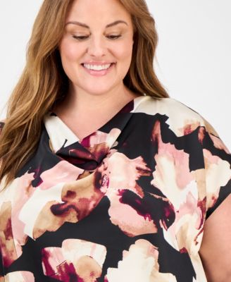 Plus Size Floral-Print Cowlneck Top