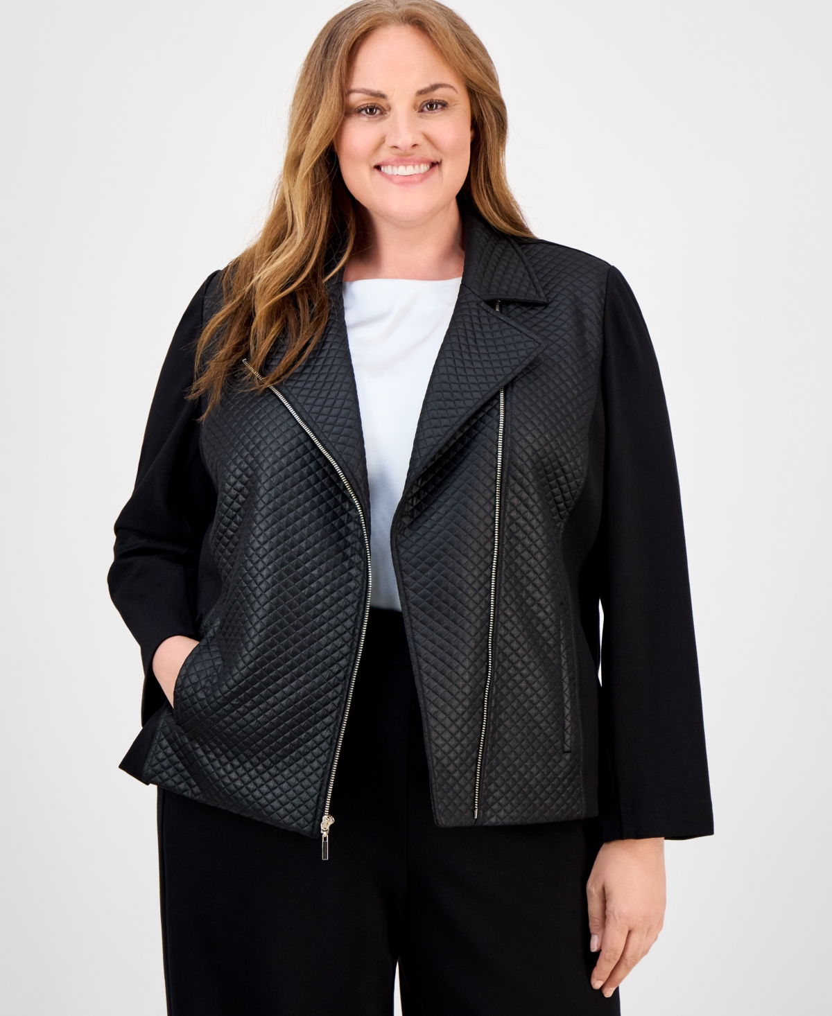 Anne Klein Plus Size Quilted Moto Jacket In Black