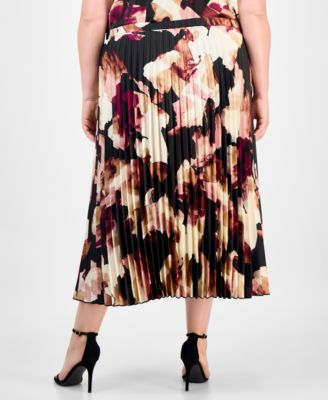 Plus Size Pleated Abstract-Print Pull-On Midi Skirt