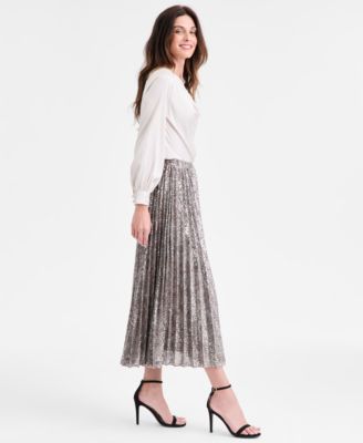 Petite Metallic Pleated Pull-On Midi Skirt