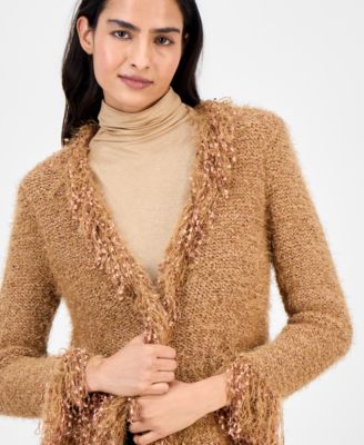 Women's Collarless Open-Front Fringe-Trim Cardigan 