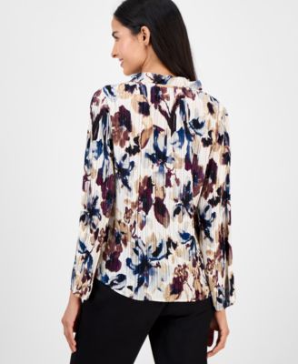 Women's Printed Pleated Split-Neck Blouse