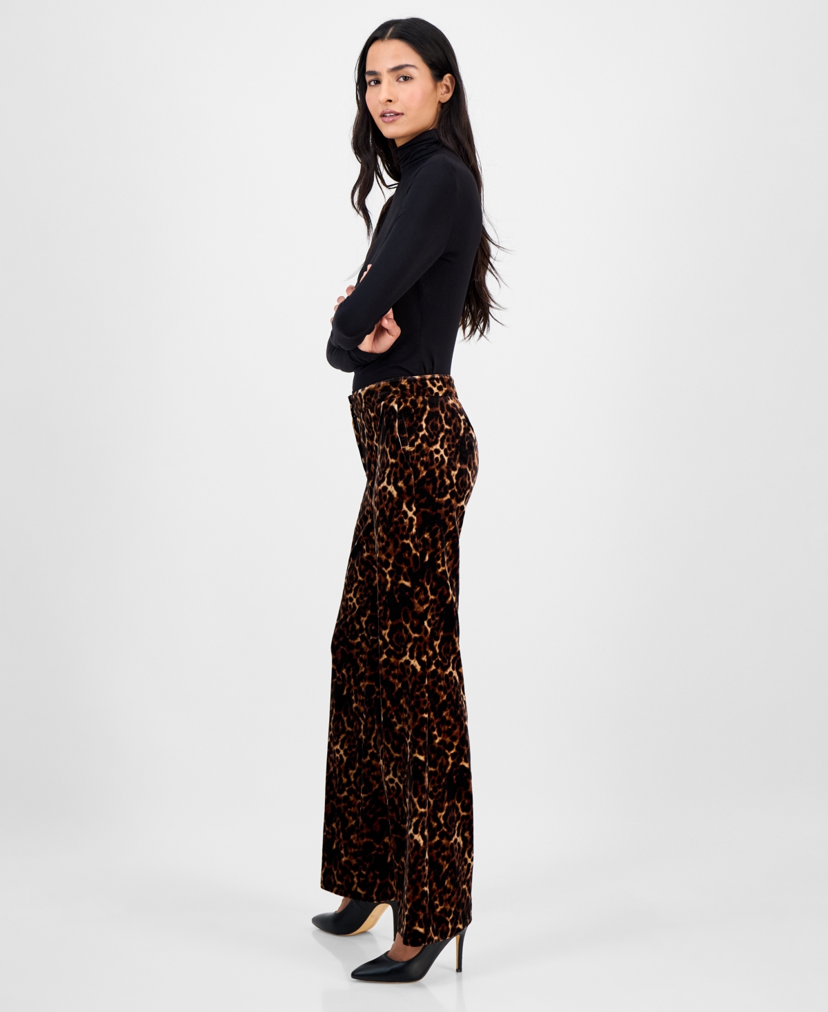 Anne Klein Womens Printed Velvet Flare Leg Pants 0p 16 In Brown
