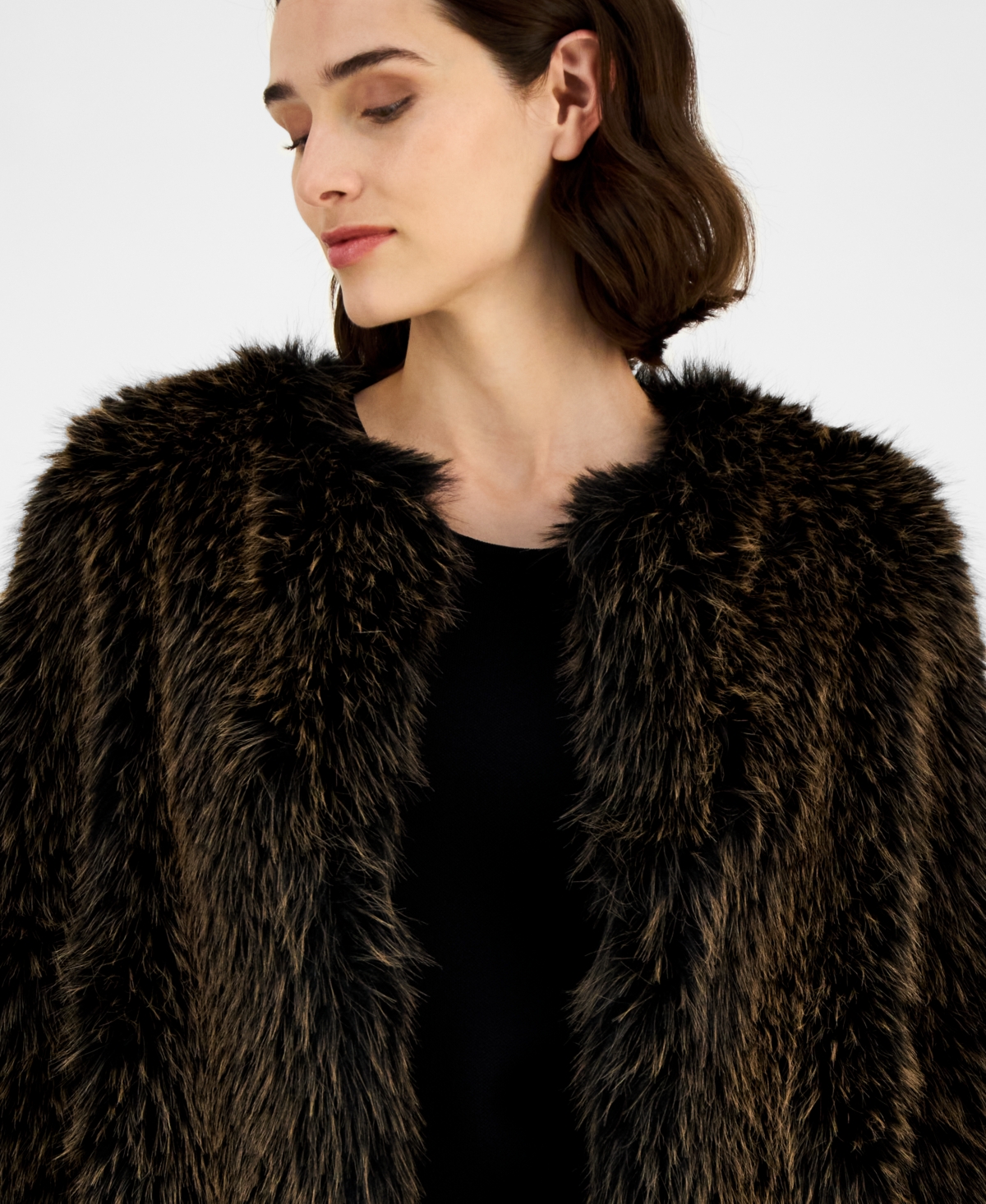 Anne Klein Womens Cropped Faux Fur Jacket P Xxs Xxl In Brown