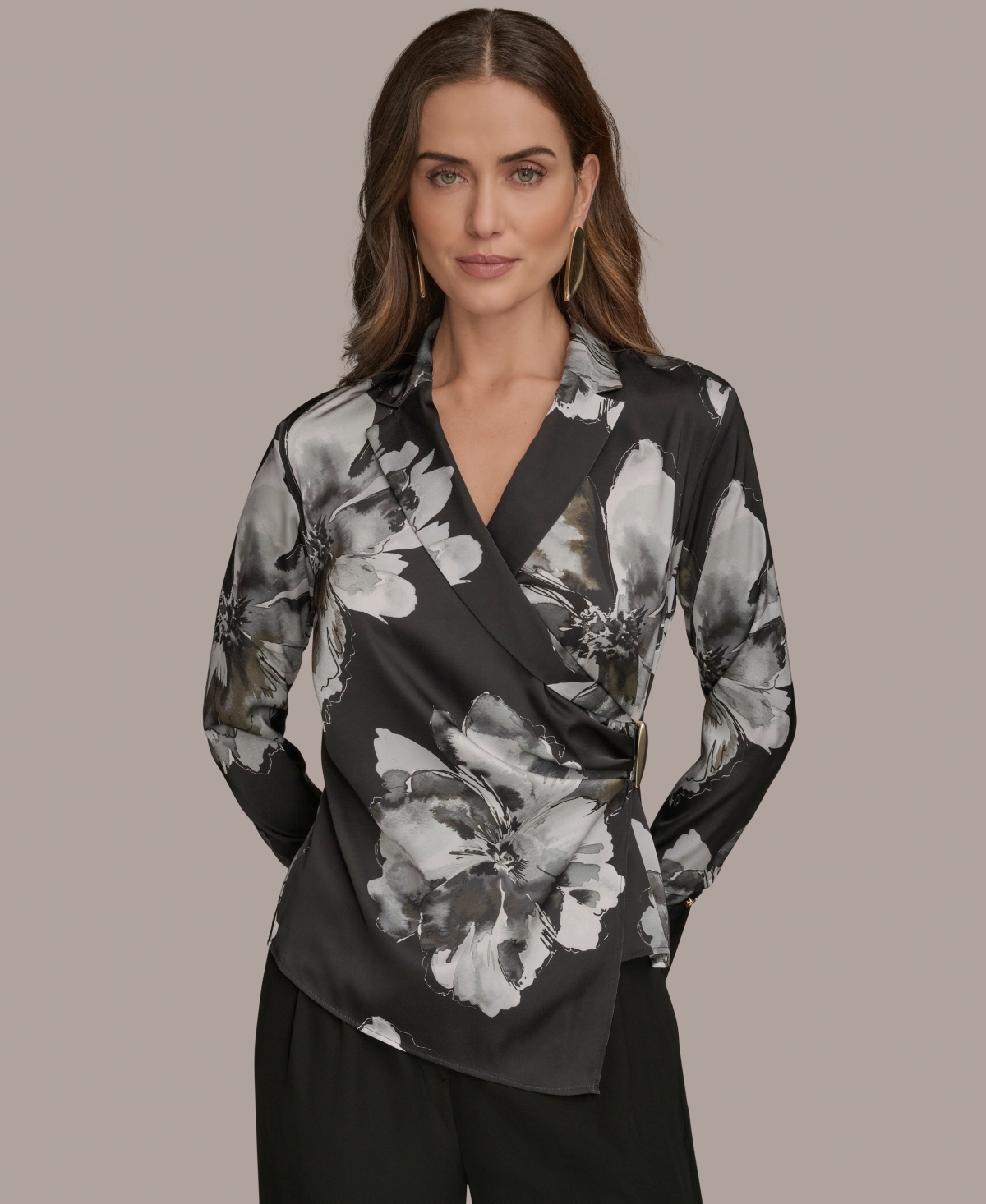 Women's Long-Sleeve Printed Shawl-Collar Blouse - Black Multi