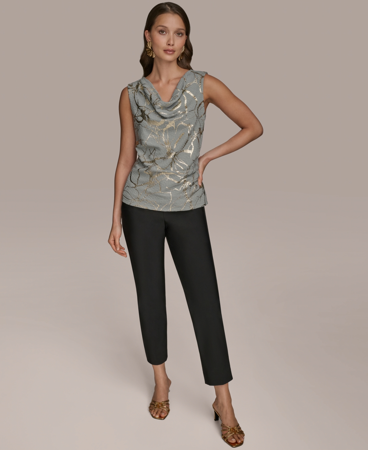 Donna Karan New York Foiled Sleeveless Cowl Neck Top In Gray