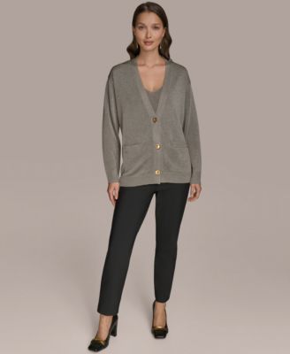 Women's Long-Sleeve Metallic Three-Button Cardigan Sweater
