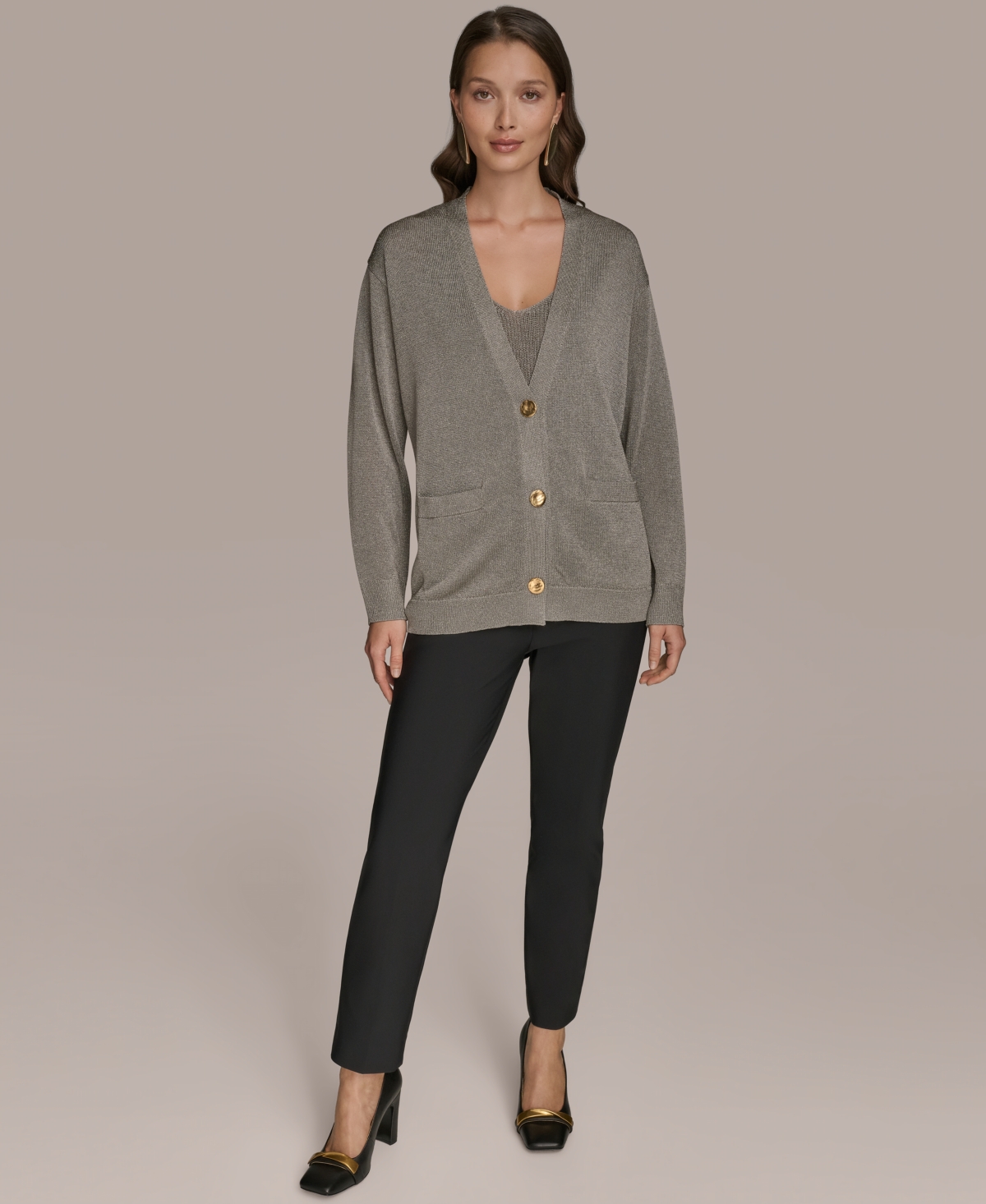 Donna Karan Women's Long-sleeve Metallic Three-button Cardigan Sweater In Gray