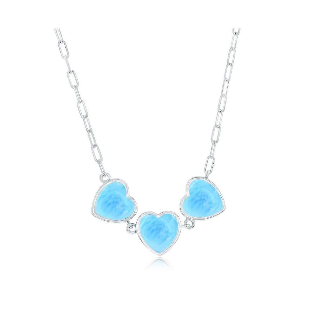 Sterling Silver, Triple Larimar Heart Paperclip Necklace - Blue