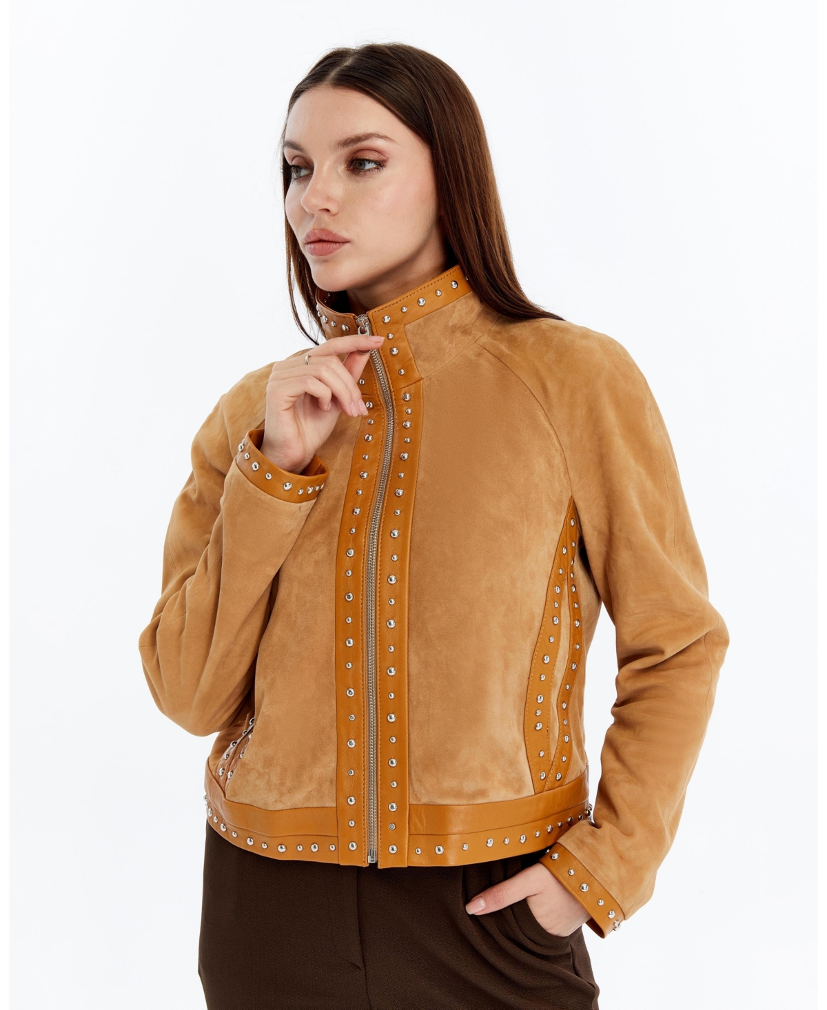 Women's Suede Studded Jacket, Created for Macy's - Pastel brown