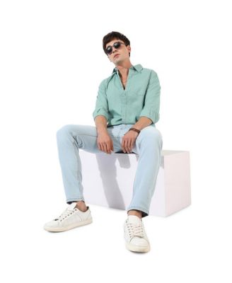 Men's Solid Aqua Green Regular Fit Casual Shirt