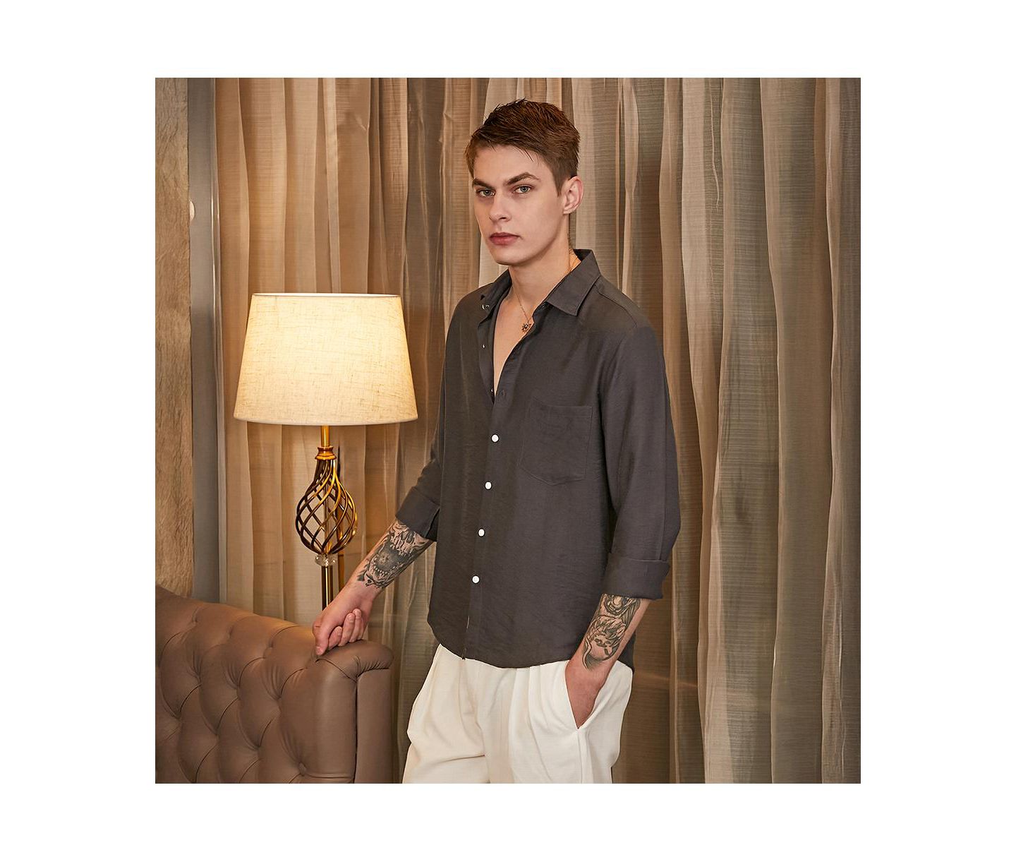 Мужская рубашка Cahoot Campus Sutra Charcoal Grey Breezy Wrinked Relaxed, цвет: Серый — фото 2