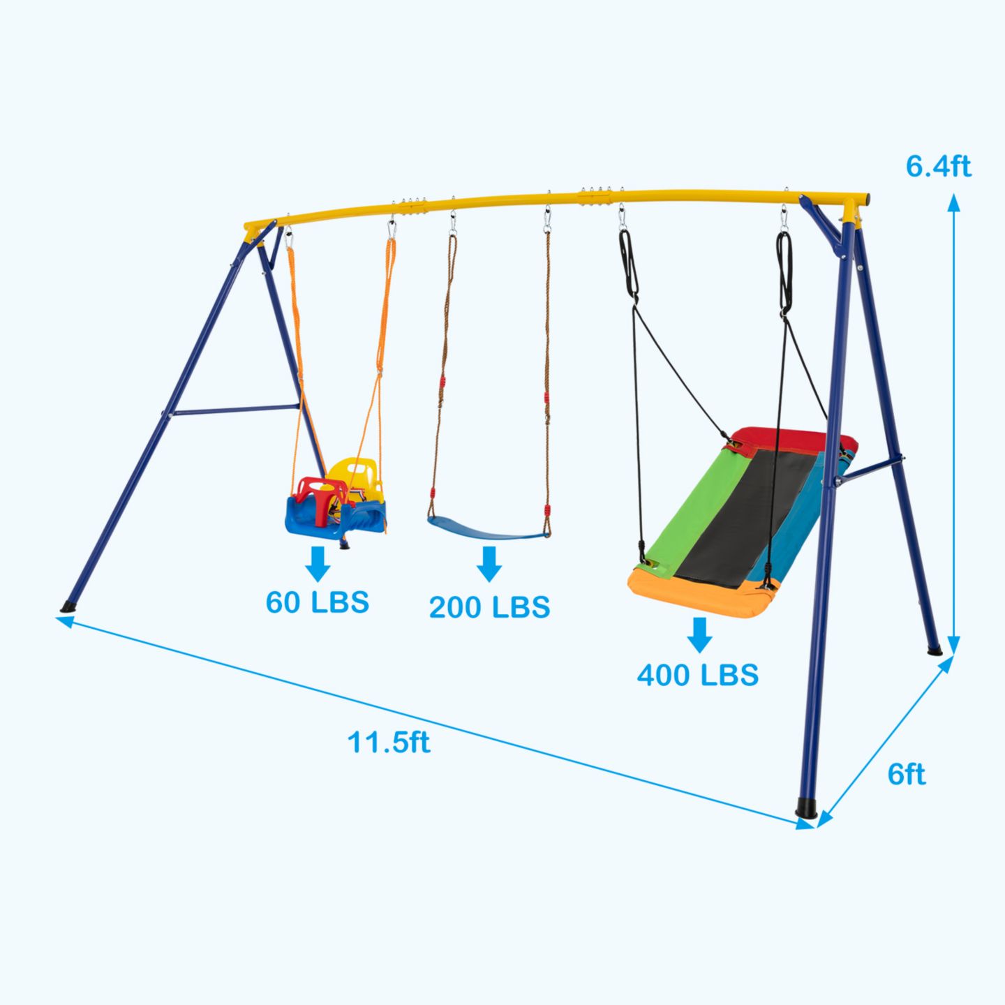 Детские игрушки Gymax 3-in-1 Kids Carbon Steel Adjustable Swing Set, 660 Lbs, Ages 3-10, цвет: Жёлтый синий — фото 3