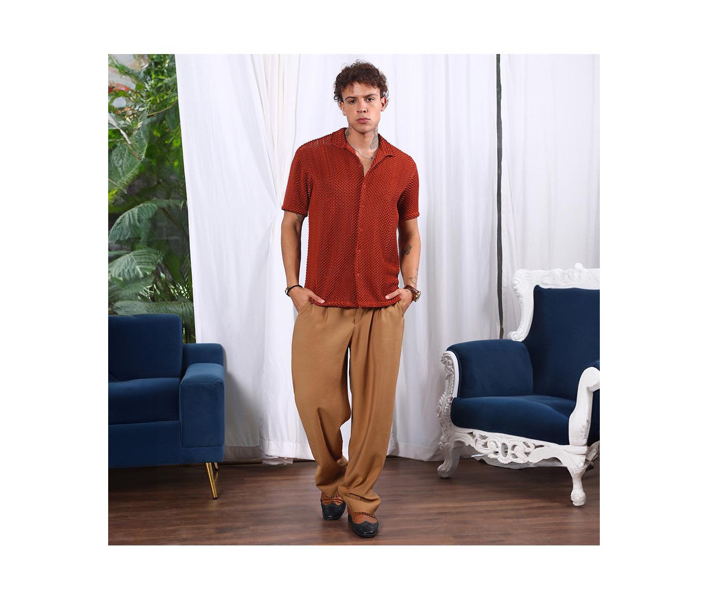 Мужская рубашка Cahoot Campus Sutra Terracotta Brown Puffy-Textured, цвет: Коричневый — фото 6
