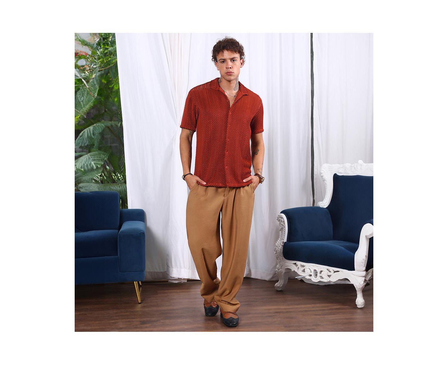 Men's Terracotta Brown Puffy-Textured Shirt