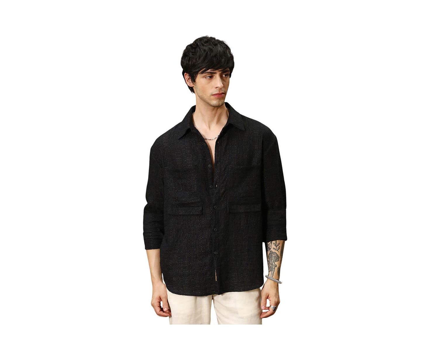 Мужская рубашка Cahoot Campus Sutra Midnight Black Straw-Tactile Utility Oversized, цвет: Чёрный — фото 1