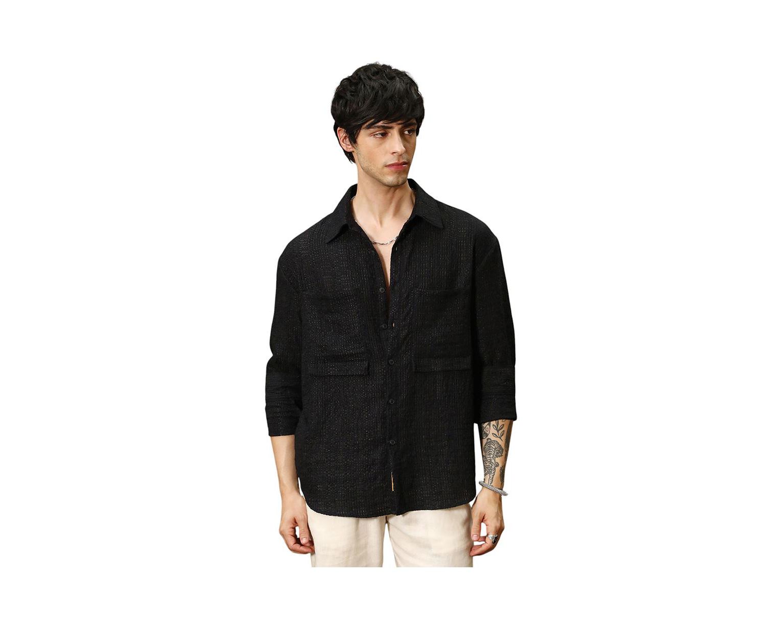Men's Midnight Black Straw-Tactile Utility Oversized Shirt