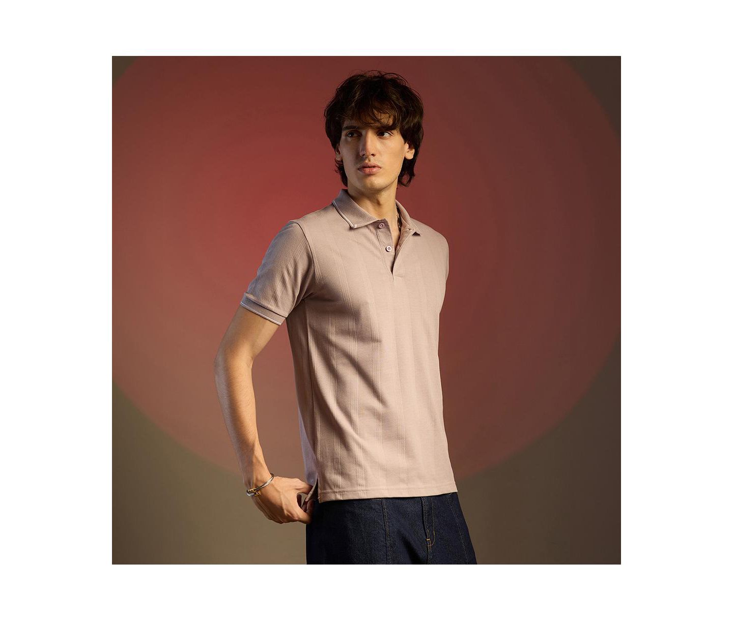 Мужская футболка Cahoot Blush Pink Lined-Knit Polo, цвет: Бежевый — фото 4