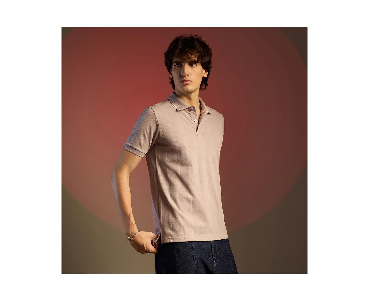 Men's Blush Pink Lined-Knit Polo T-Shirt