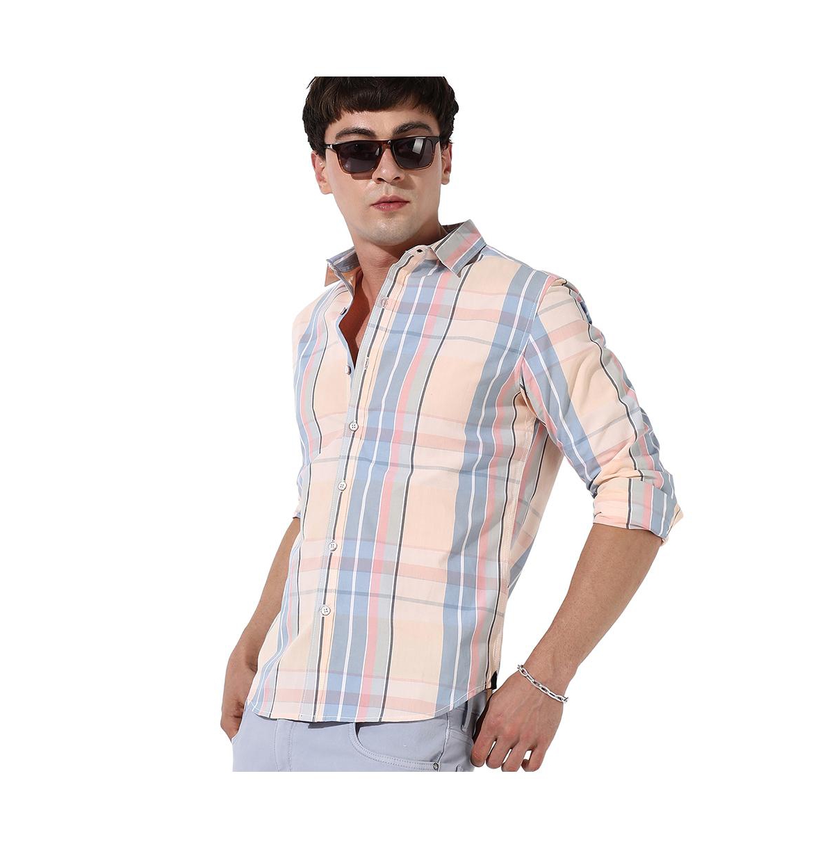 Men's Cotton Plaid Button Up Shirt - Pink