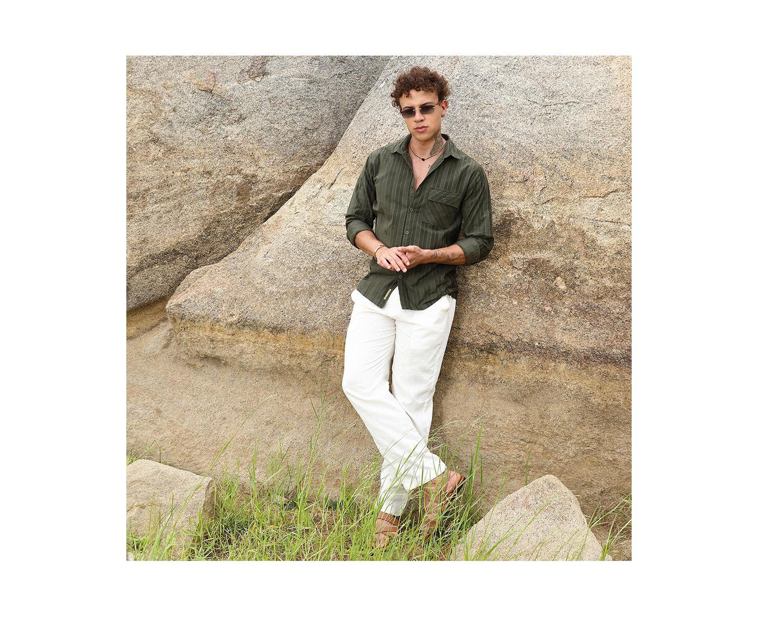 Men's Fern Green Multitrack-Striped Shirt