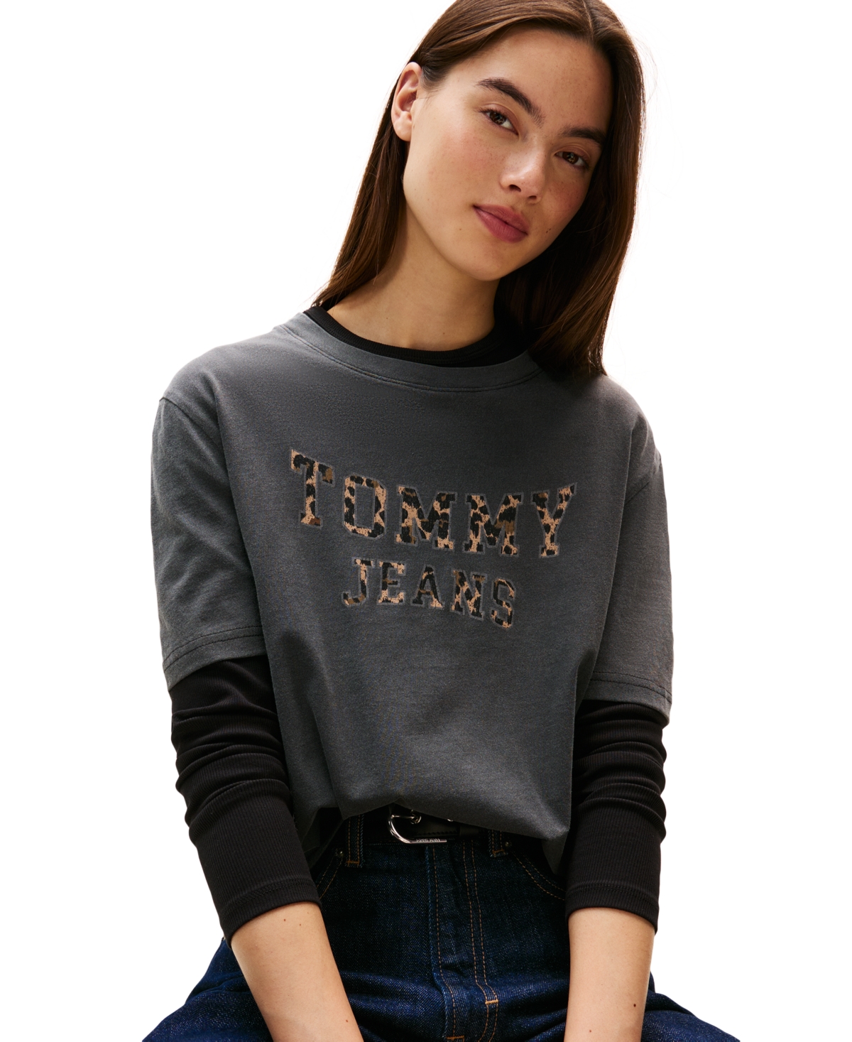 Tommy Jeans Women's Cotton Leopard-print Logo Varsity T-shirt In Gray