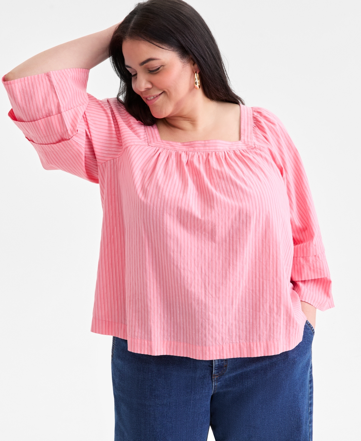 Style & Co Plus Size Striped Square-neck Top, Macy's Exclusive In Pink