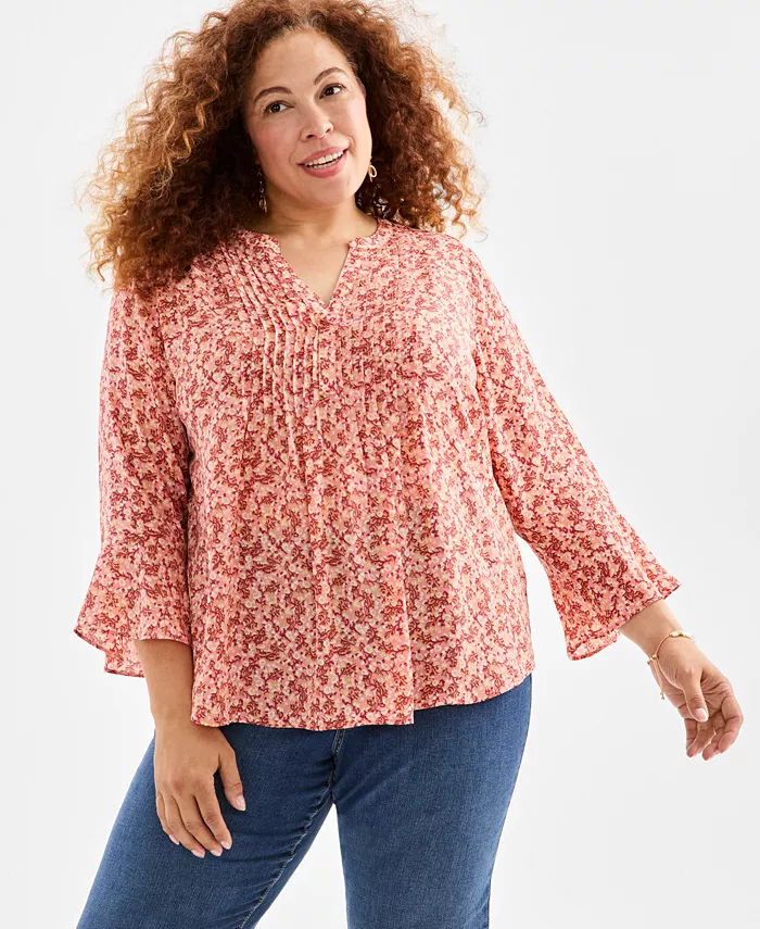 Plus Size Printed Pintuck V-Neck Top