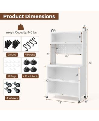 5 Tier Kitchen Bakers Rack with Lights Multifunctional Microwave Stand with Flip Door Cabinets