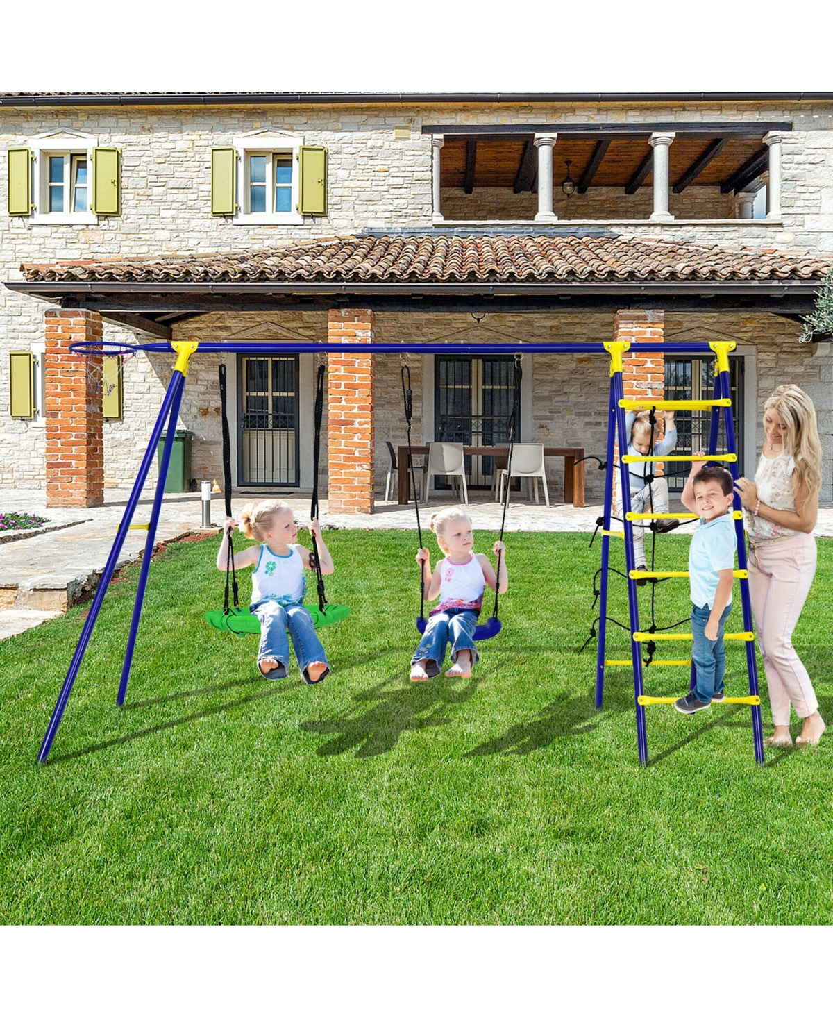 Gymax Boys 5-In-1 Swing Set for Outdoor W/ Heavy Duty Frame Basketball Hoop & Climbing Ladder