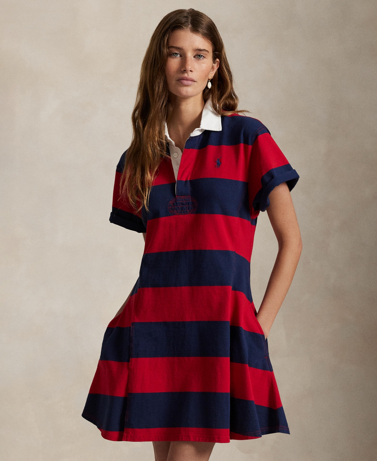 Polo Ralph Lauren Short Sleeve Stripe Cotton Rugby Dress In Red