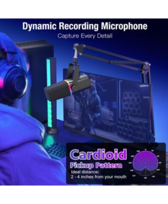 XLR/USB Dynamic Microphone for Gaming, Podcast, RGB Light, Mute, Mic Gain, Headphones Jack, Boom Arm Stand for iPhone, PC, YouTube
