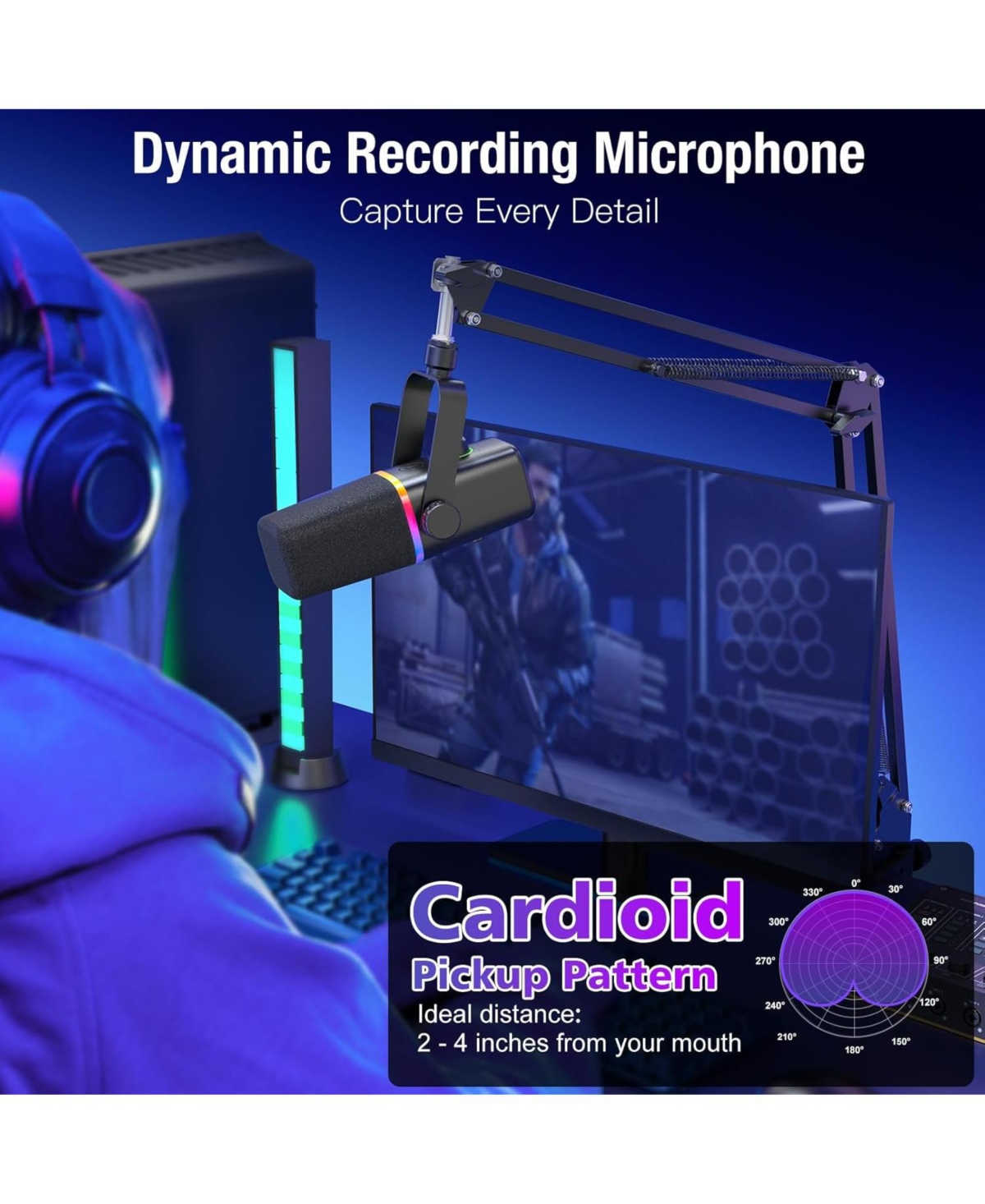 ZealSound Xlr/Usb Dynamic Microphone for Gaming, Podcast, Rgb Light, Mute, Mic Gain, Headphones Jack, Boom Arm Stand for iPhone, Pc, YouTube