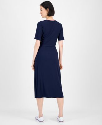 Women's Ribbed Belted Short-Sleeve Midi Dress