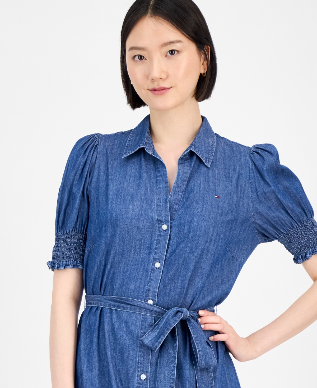 Tommy Hilfiger Women's Chambray Puff-sleeve Midi Dress In Blue