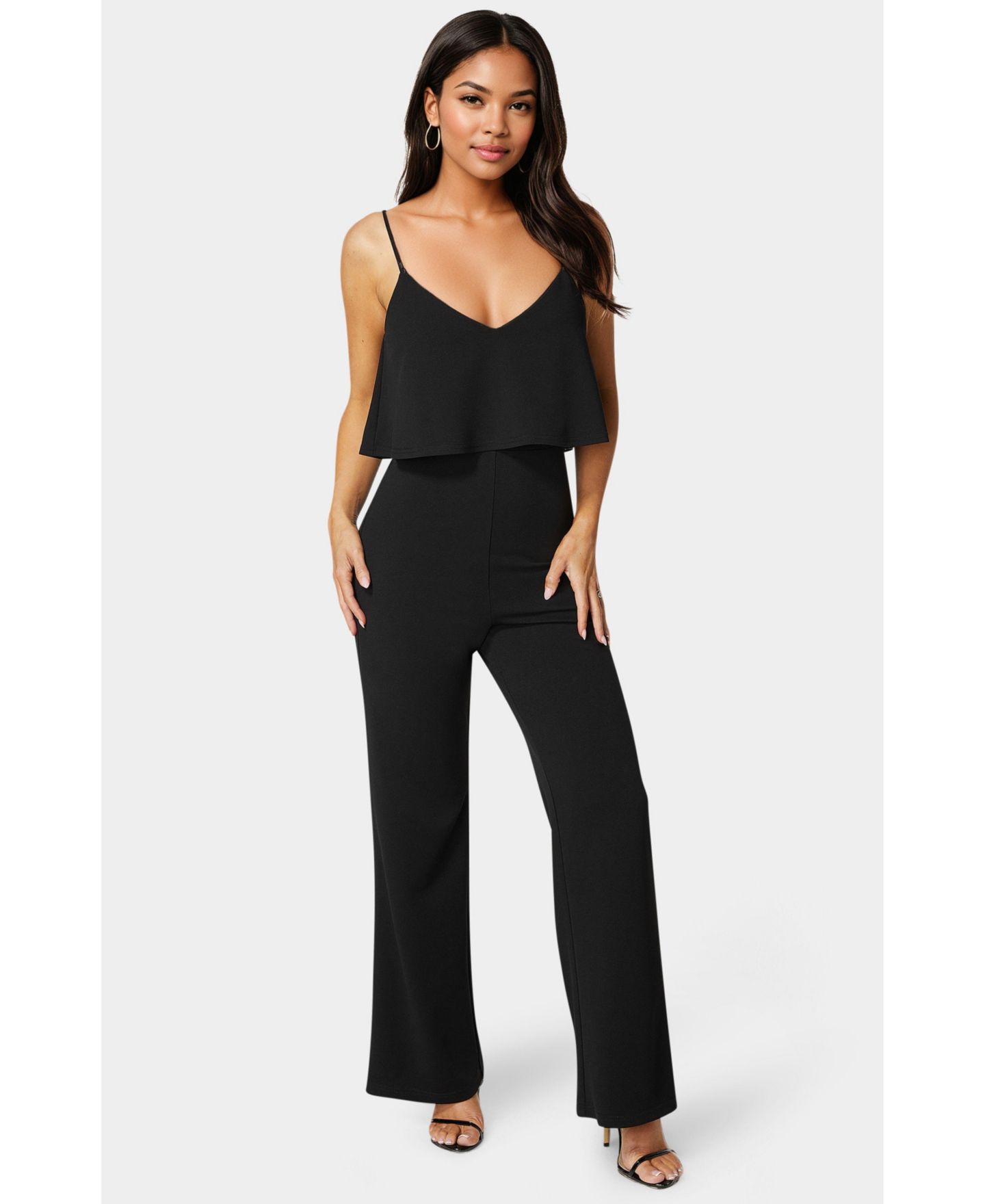Женский комбинезон Bebe Ruffle Wide Leg Jumpsuit, цвет: Чёрный — фото 1