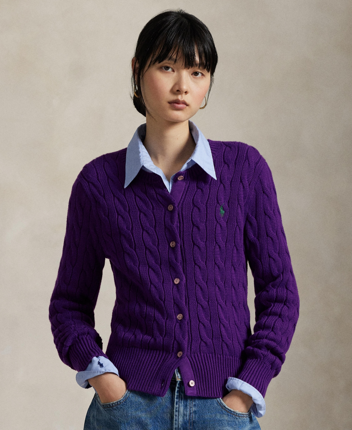 Polo Ralph Lauren Women's Cable-knit Cotton Crewneck Cardigan In Blue