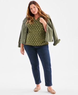 Plus Size Printed 3/4-Sleeve Henley Top, Macy's Exclusive