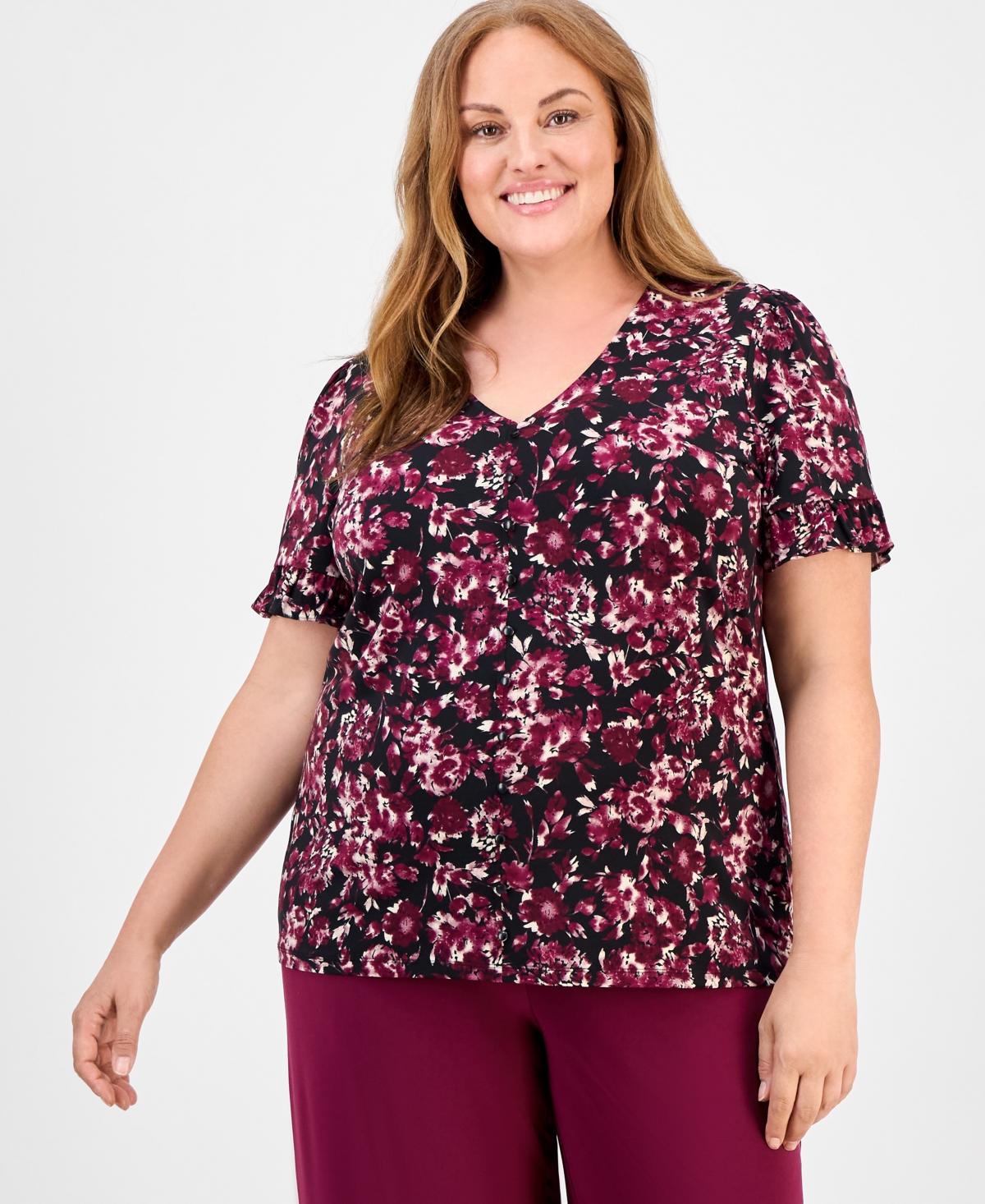 Ak Anne Klein Plus Size Floral-print V-neck Top