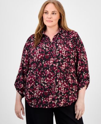 AK Anne Klein - Plus Size Floral-Print 3/4-Sleeve Top