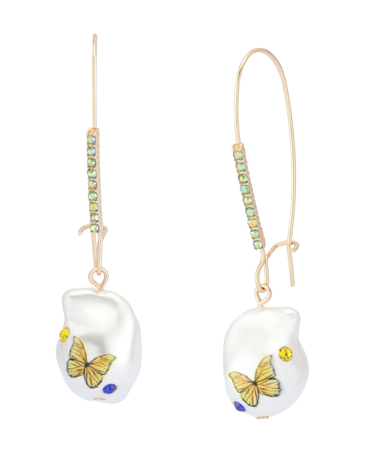 Faux Stone Backyard Butterfly Dangle Drop Earrings - Pearl, Gold