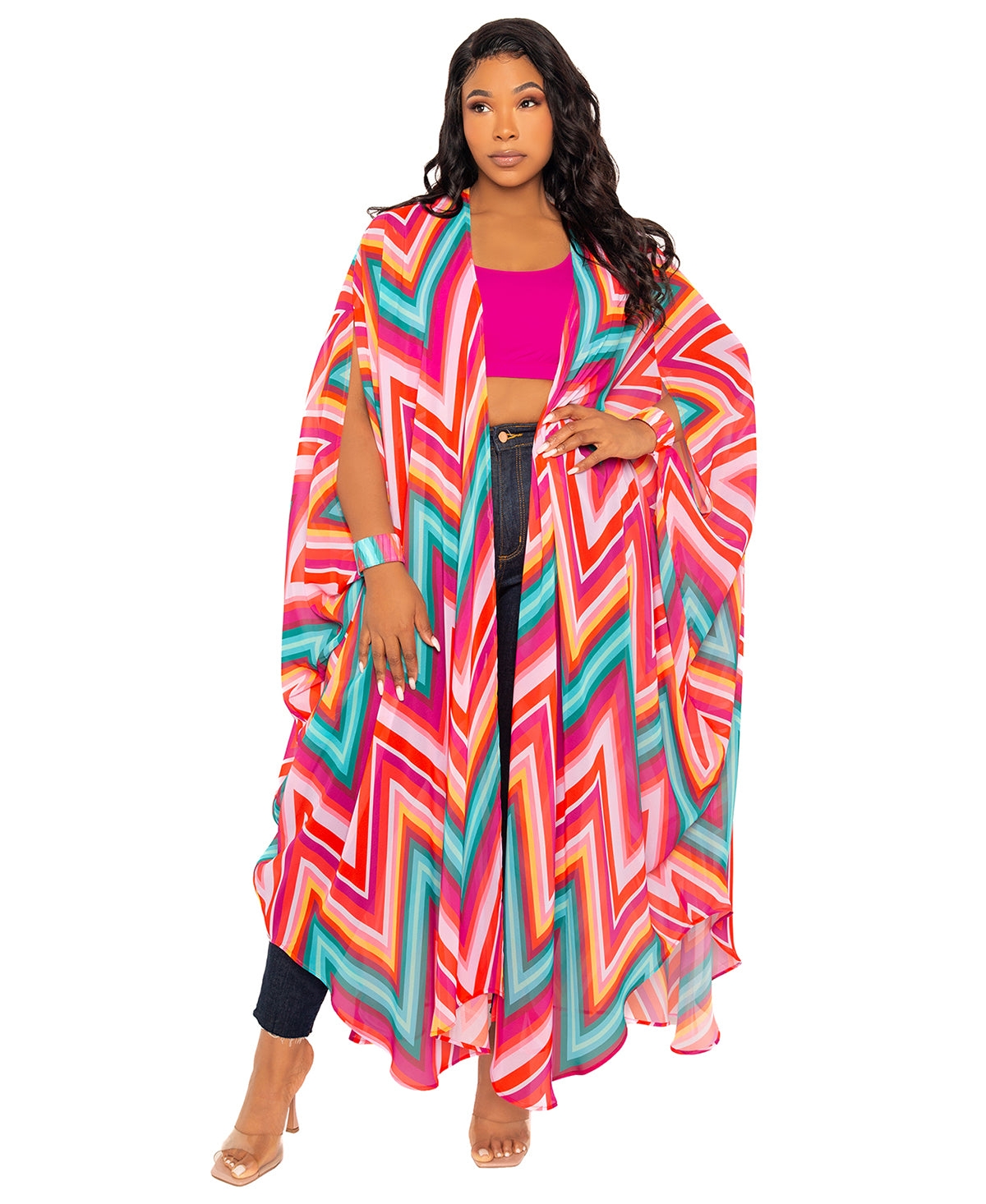 Women's Plus Size Chevron Robe with Wrist Band - Pink multi