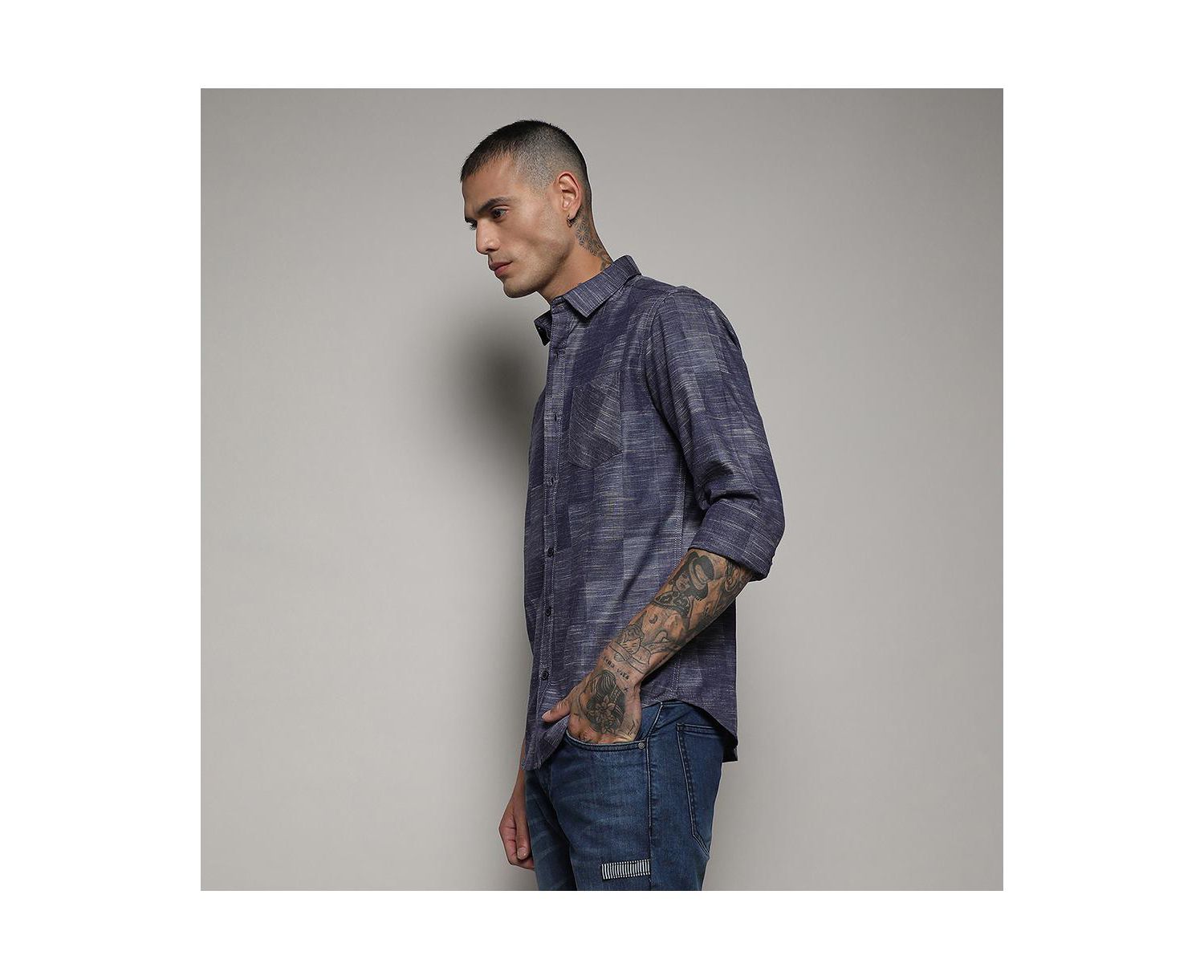 Men's Steel Blue Heathered Denim Check Shirt