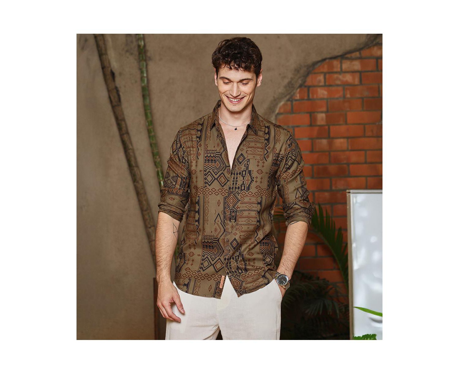 Men's Peanut Brown Aztec-Imprint Shirt