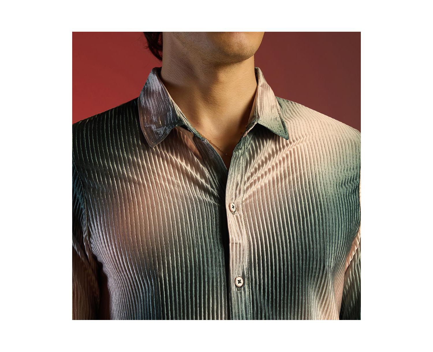 Men's Emerald Green & Ivory White Ombre-Pleated Shirt