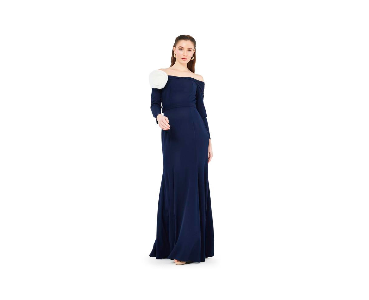 Off-The-Shoulder Long Sleeved Crepe Gown - Navy blue
