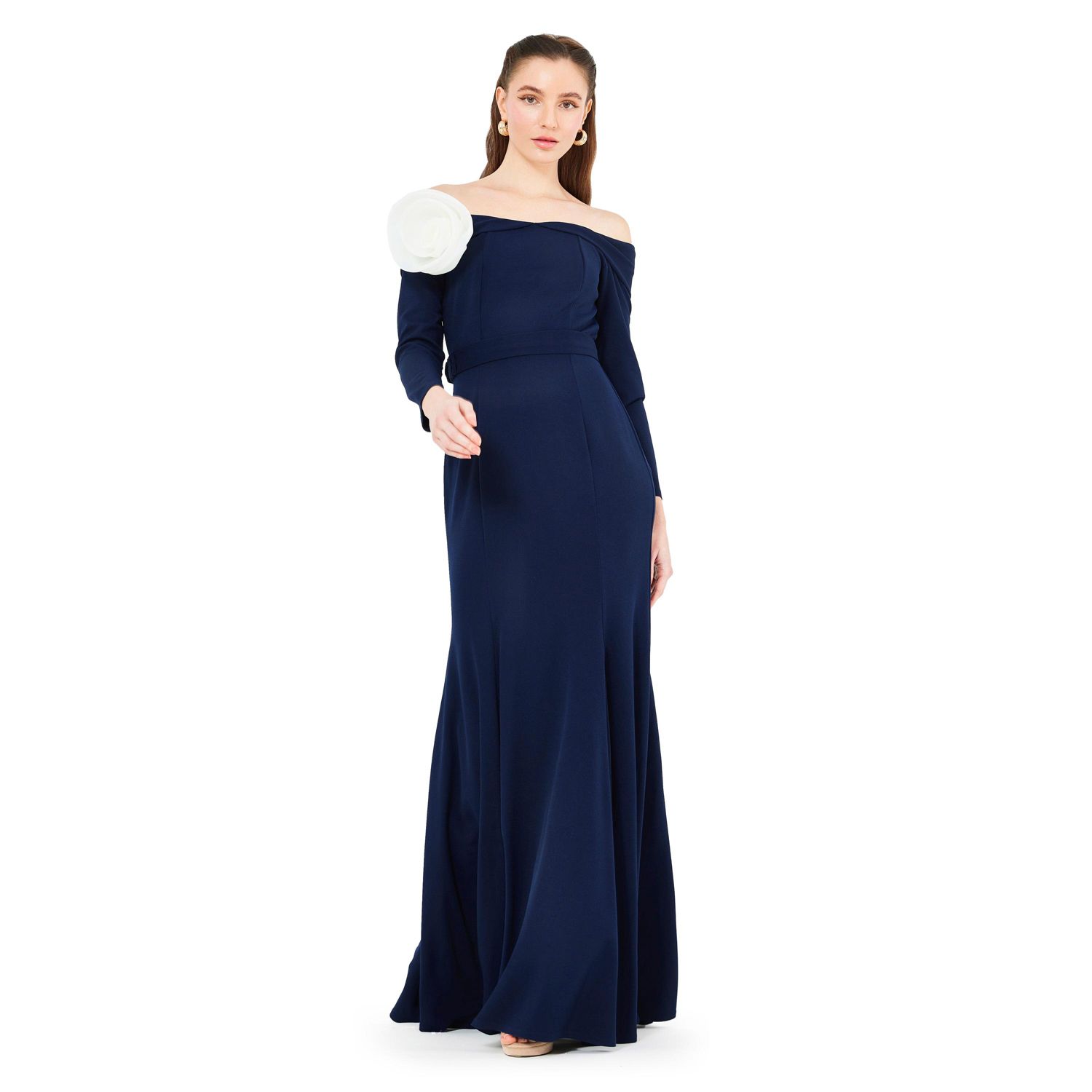 Off-The-Shoulder Long Sleeved Crepe Gown