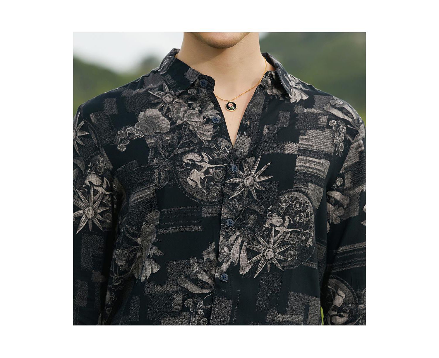 Men's Midnight Black Bloom-Imprint Shirt
